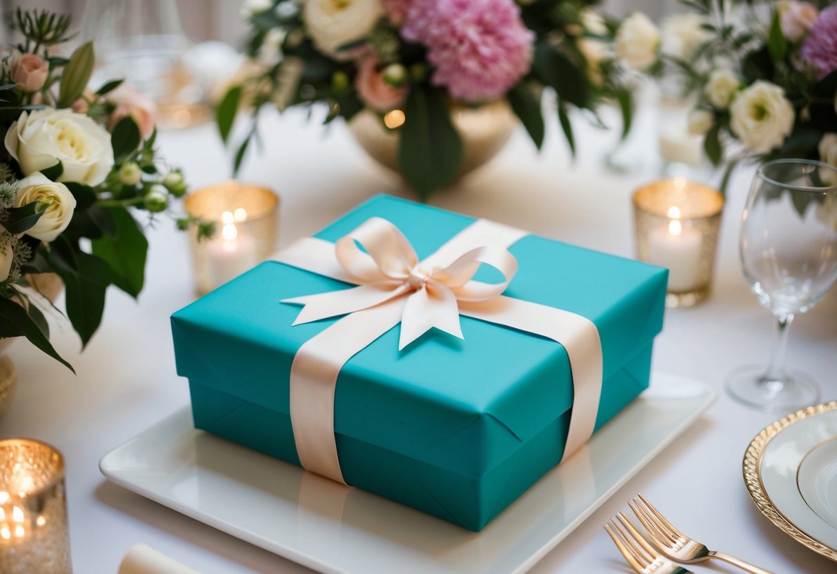 A beautifully wrapped gift box with a ribbon and bow sits on a table, surrounded by flowers and wedding decor