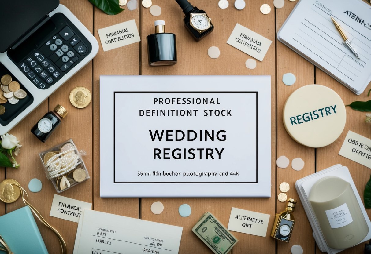 A wedding registry with a variety of items, including a bed, surrounded by financial contribution and alternative gift options
