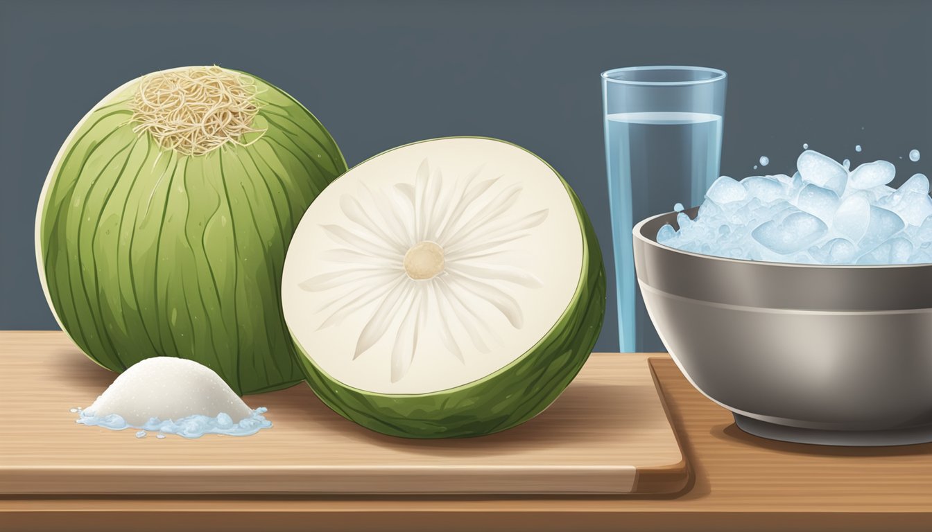 A jicama being washed and sliced on a cutting board, with a bowl of water nearby for soaking