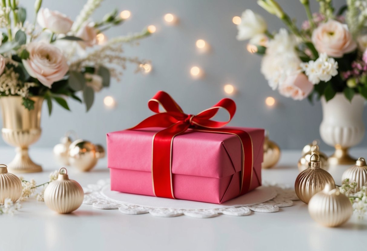 A beautifully wrapped gift sits on a table, surrounded by delicate floral arrangements and elegant decor