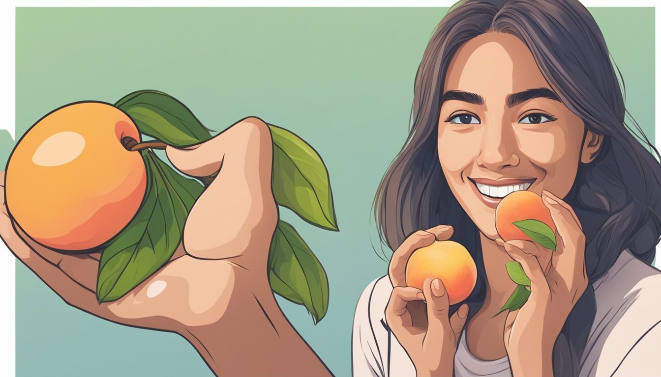 A person holding an unripe peach, looking uncertain. Nearby, a ripe peach is being eaten with a smile