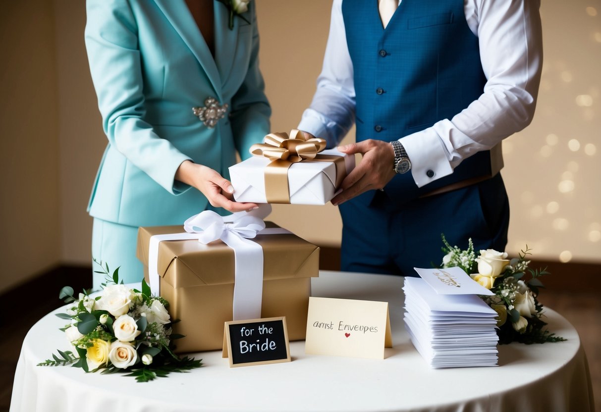 A couple stands at a wedding gift table, placing a beautifully wrapped present alongside a stack of envelopes. The table is adorned with flowers and a sign indicating it is for the bride