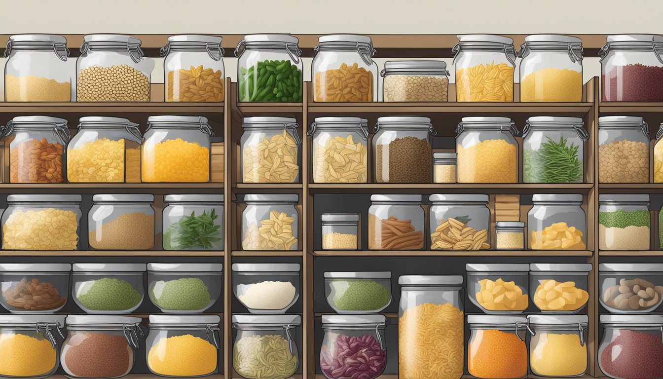 A pantry shelf with sealed containers of pasta salad mix, surrounded by labeled jars of dried herbs and spices