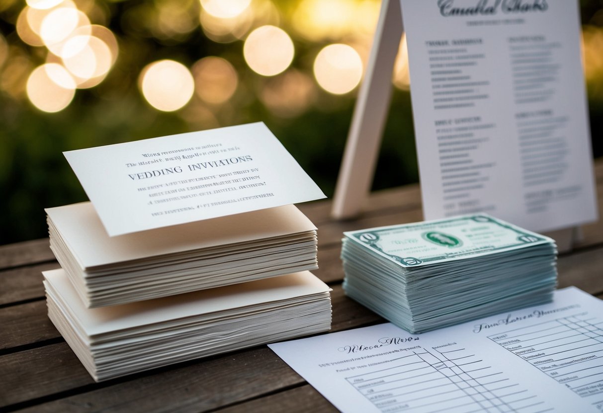 A pile of unopened wedding invitations next to a stack of cancelled checks and a disheveled seating chart