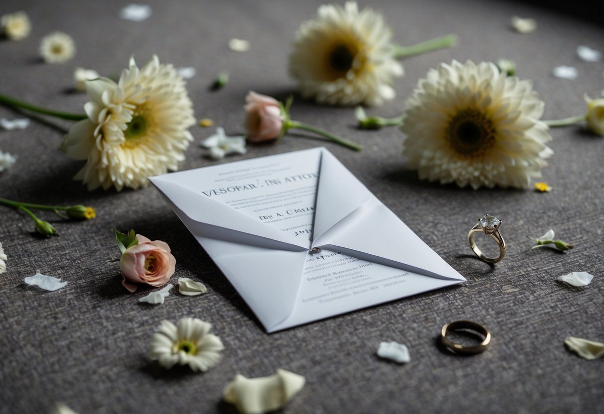 A crumpled wedding invitation lies on the floor, surrounded by scattered flowers and torn decorations. A ring sits abandoned on a table