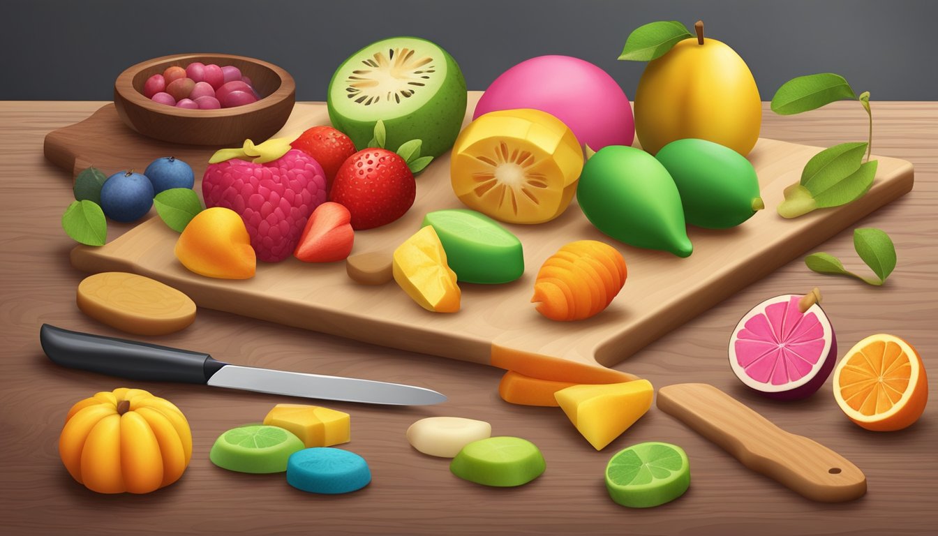 A colorful assortment of marzipan fruits and shapes arranged on a wooden cutting board, with a knife nearby