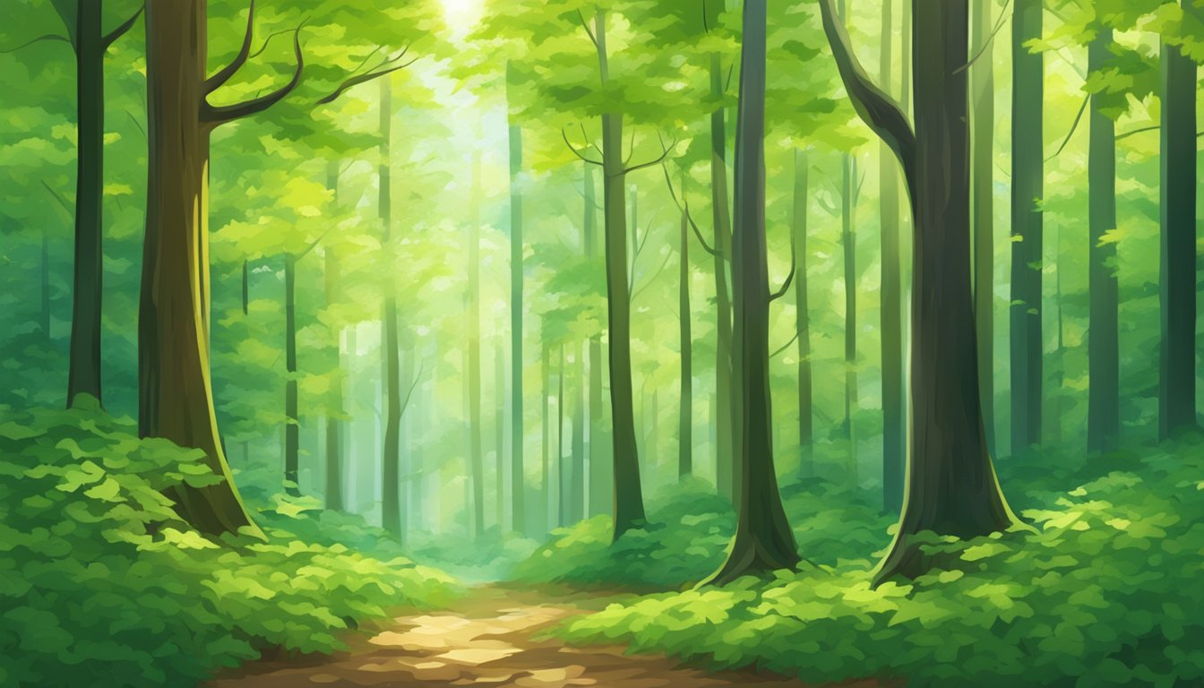 A dense forest of tall maple trees with vibrant green leaves, casting dappled sunlight on the forest floor