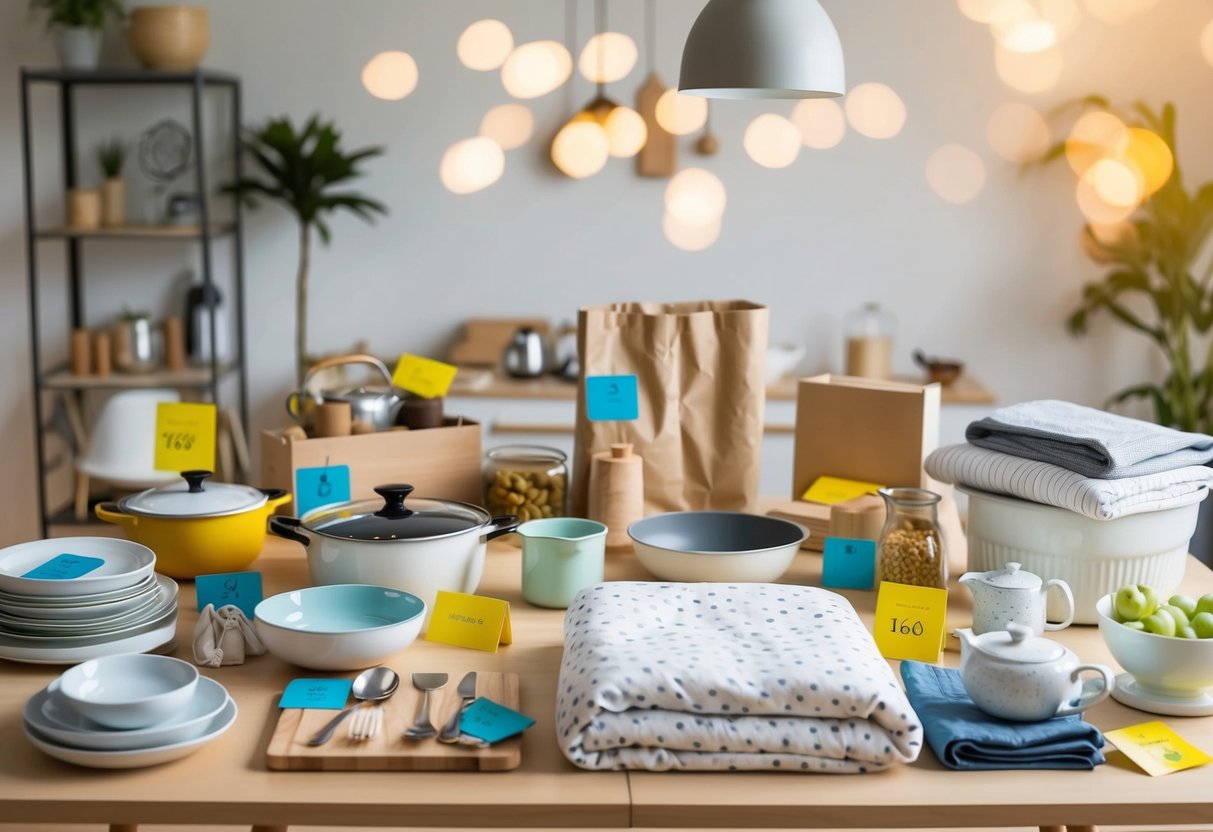 A table with various household items such as kitchenware, bedding, and home decor arranged neatly with price tags