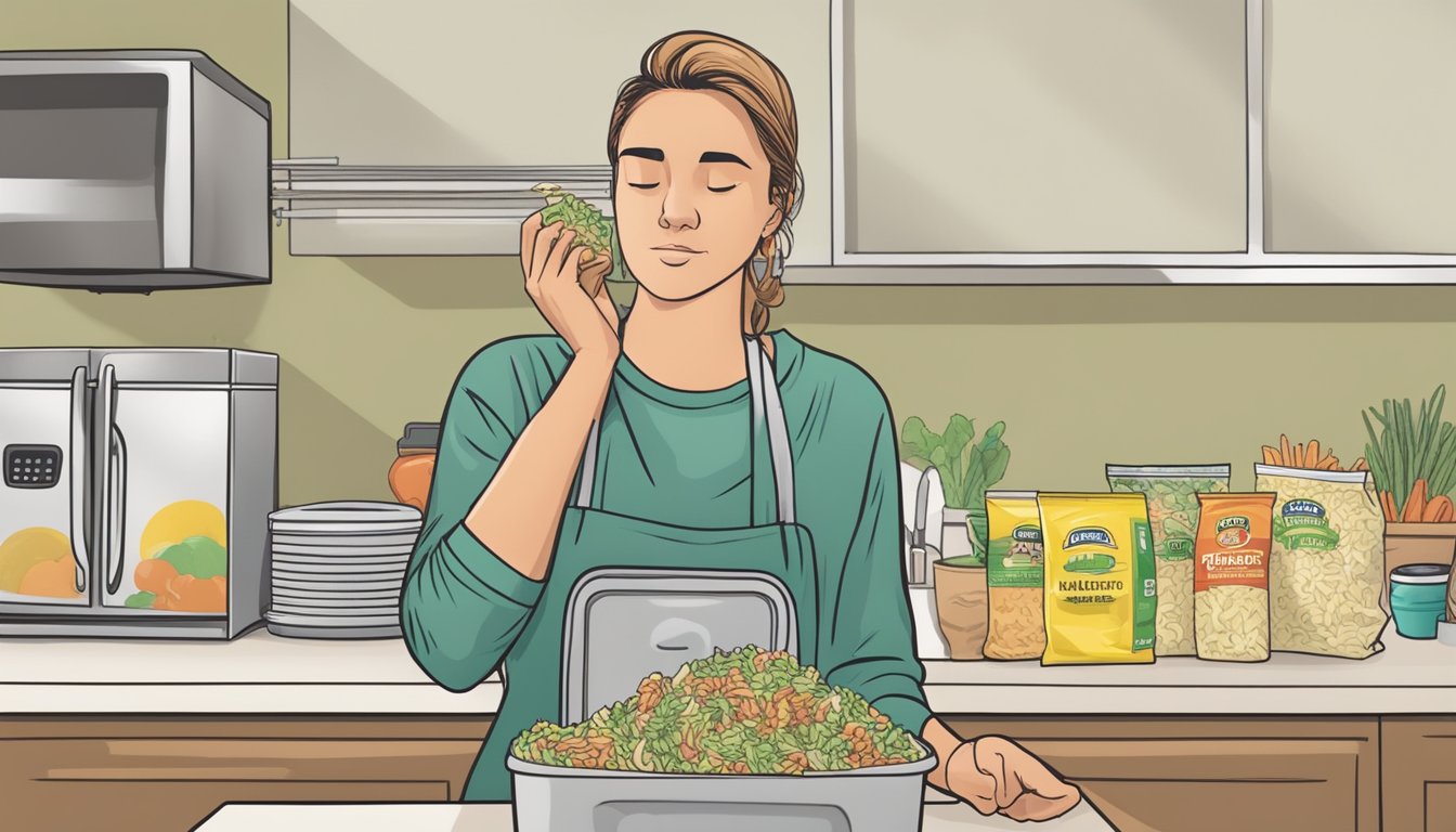 A kitchen counter with a packet of expired pasta salad mix next to a trash can, with a person holding a fresh packet of the same mix and a concerned expression