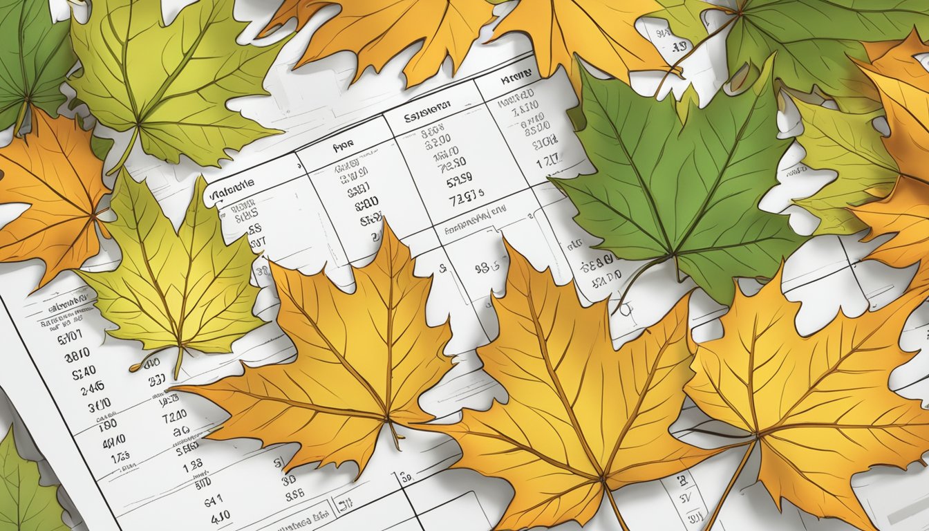 A close-up of a pile of maple leaves with a scientific nutritional analysis chart in the background