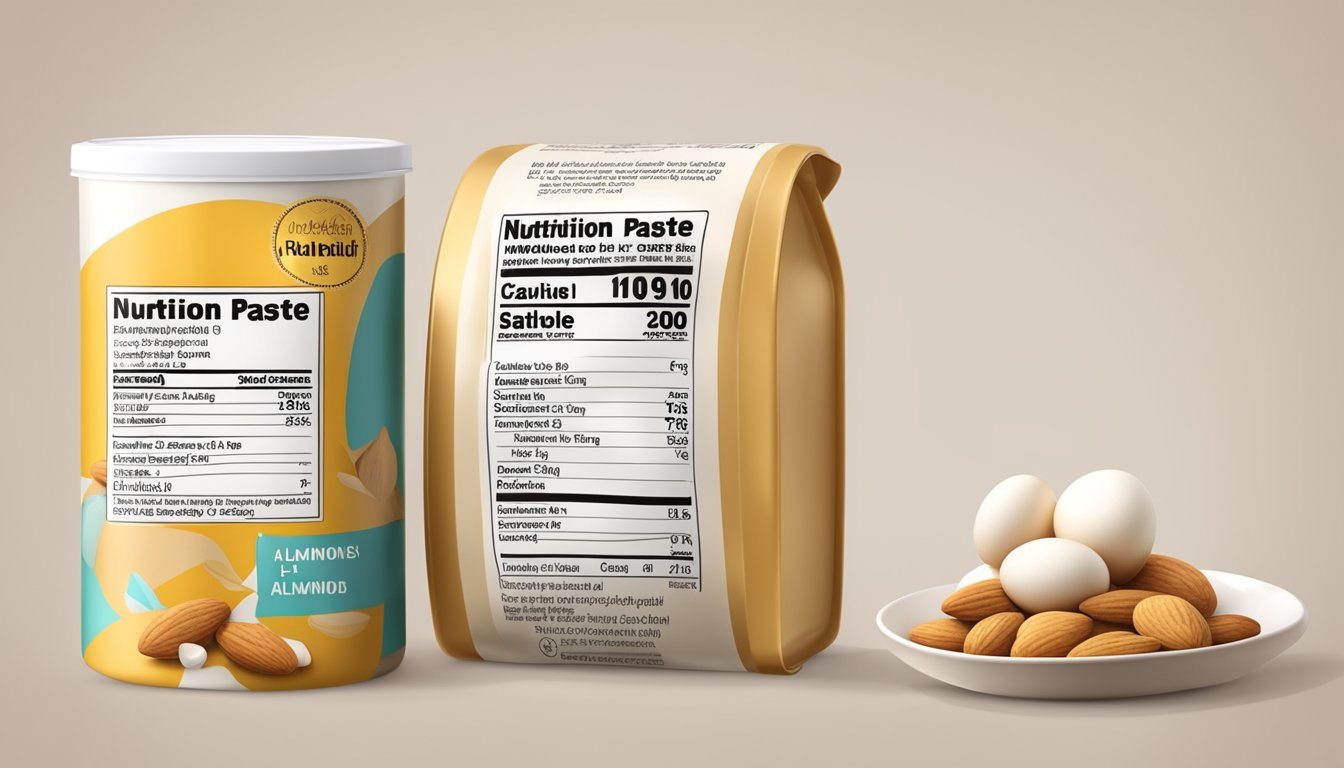 A colorful array of almonds, sugar, and egg whites mixed together to create a smooth and pliable marzipan paste, with a nutrition label displayed next to it