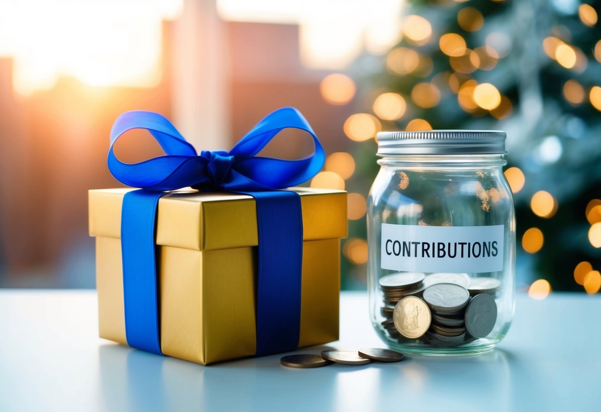 A gift box with a bow, next to a clear jar labeled "contributions" with coins inside