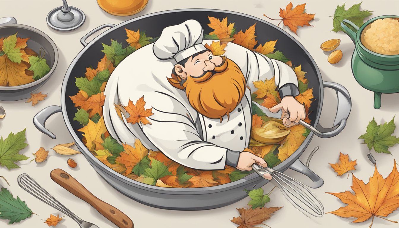 A chef incorporating maple leaves into a dish, surrounded by various cooking utensils and ingredients