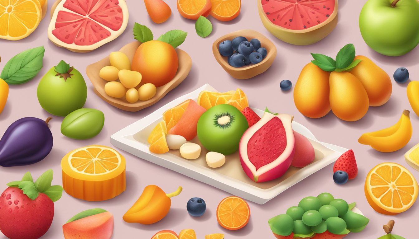 A colorful display of marzipan fruits and shapes, surrounded by ingredients and a nutrition label