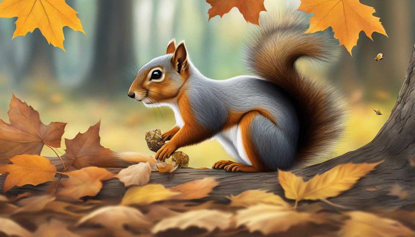 A squirrel nibbles on a fallen maple leaf while birds perch nearby