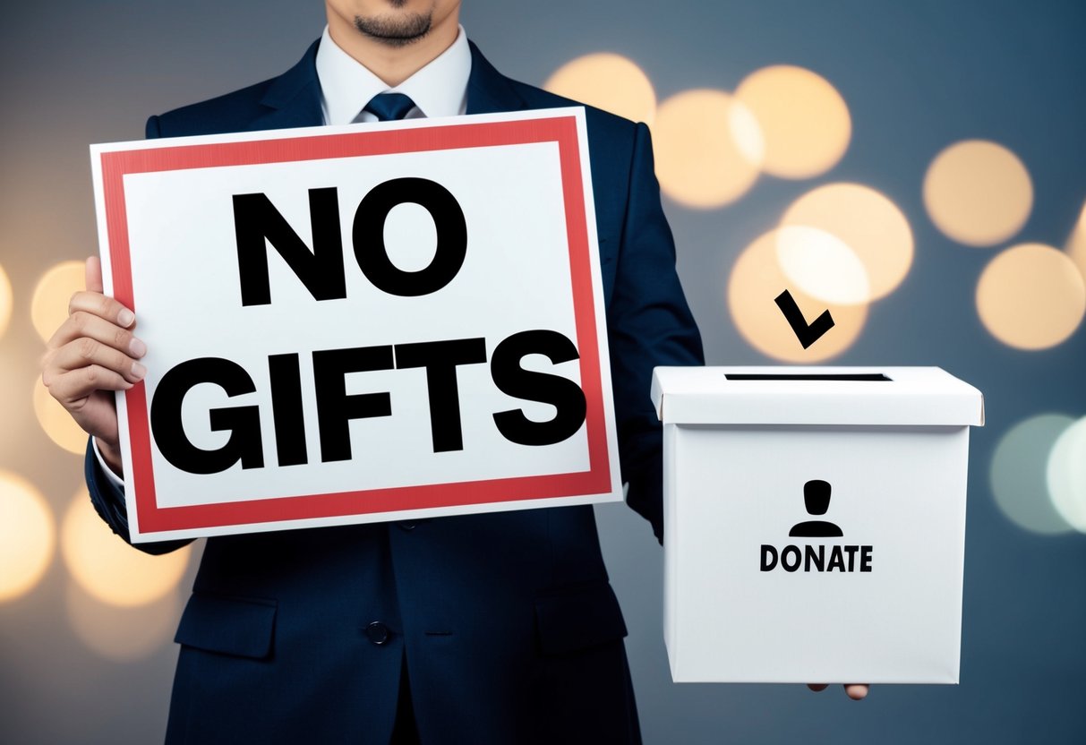 A person holding a "no gifts" sign while pointing to a donation box