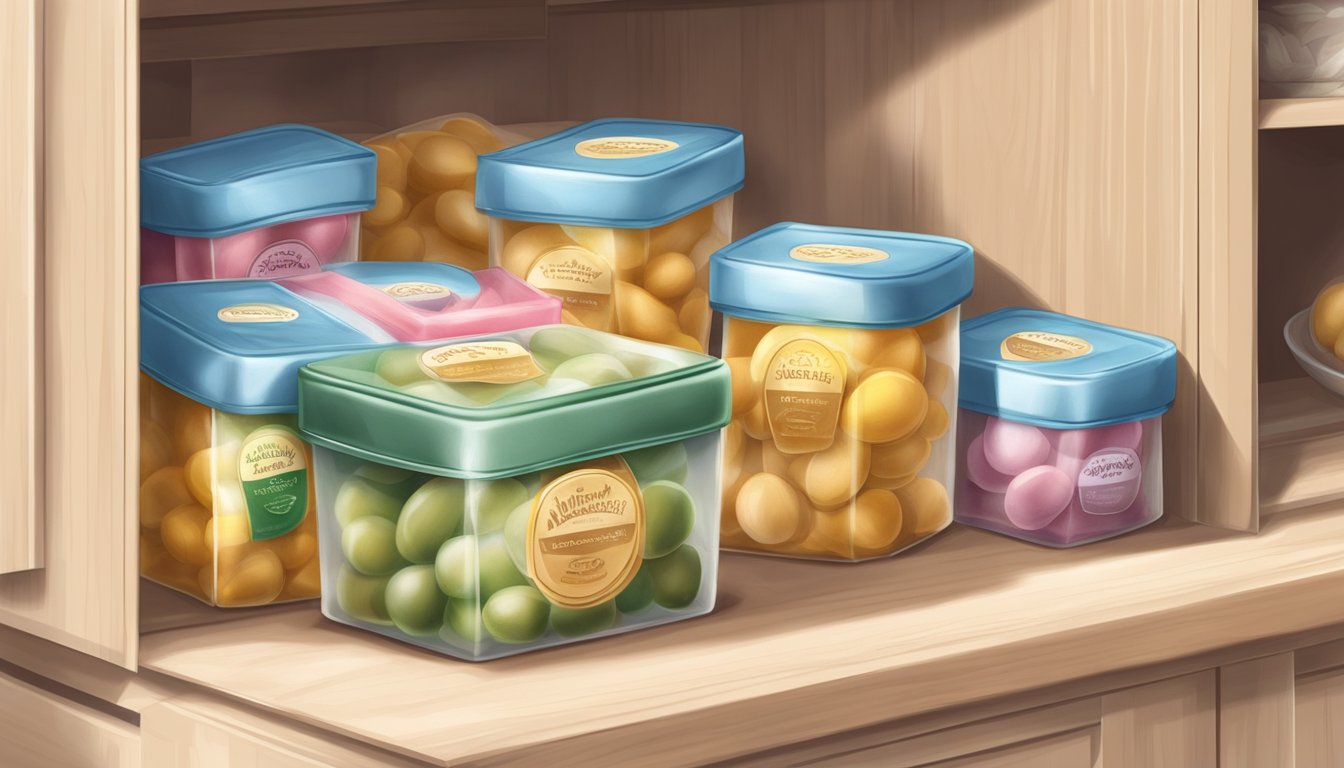 A sealed package of marzipan stored in a cool, dry pantry, away from direct sunlight and heat sources