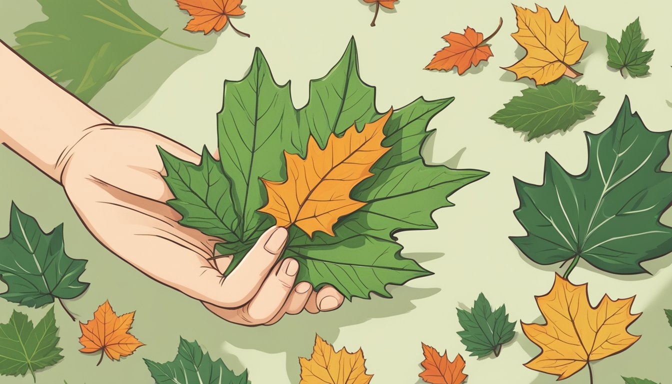 A person holding a maple leaf next to other edible leaves for comparison