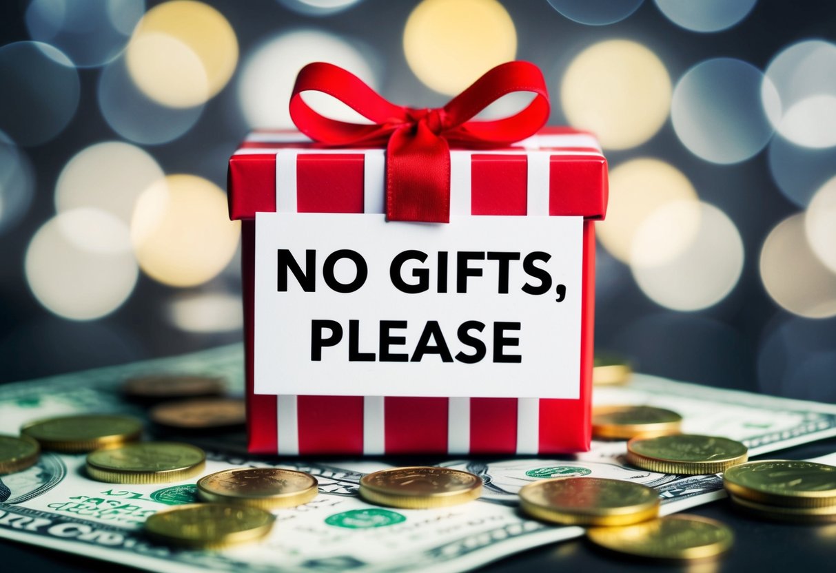 A gift box with a "no gifts, please" sign, surrounded by images of coins and dollar bills