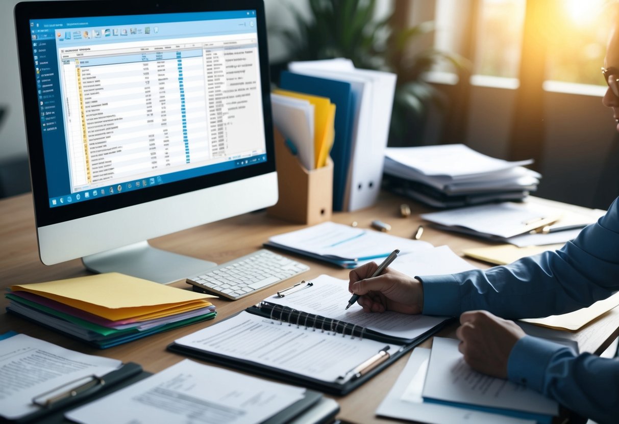 A cluttered desk with papers, folders, and a computer displaying a registry database. A person is jotting down notes and organizing the documents