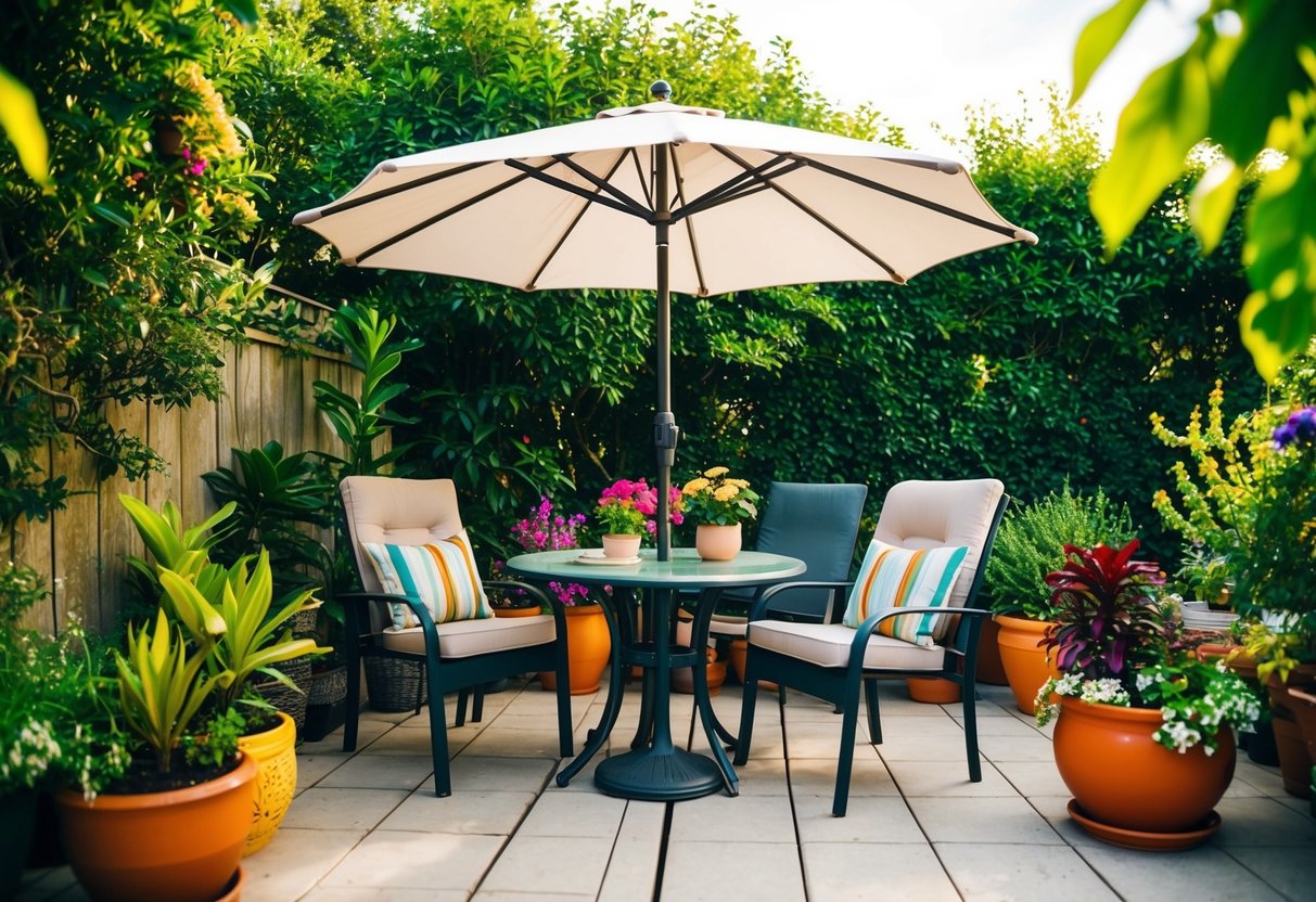 A cozy outdoor patio with a table, chairs, and a parasol, surrounded by lush greenery and colorful potted plants