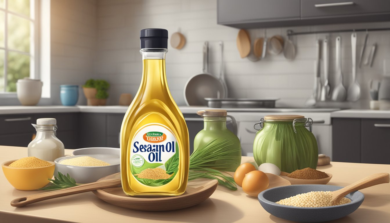 A bottle of expired sesame oil with a "best by" date passed, sitting on a kitchen counter, surrounded by other cooking ingredients and utensils