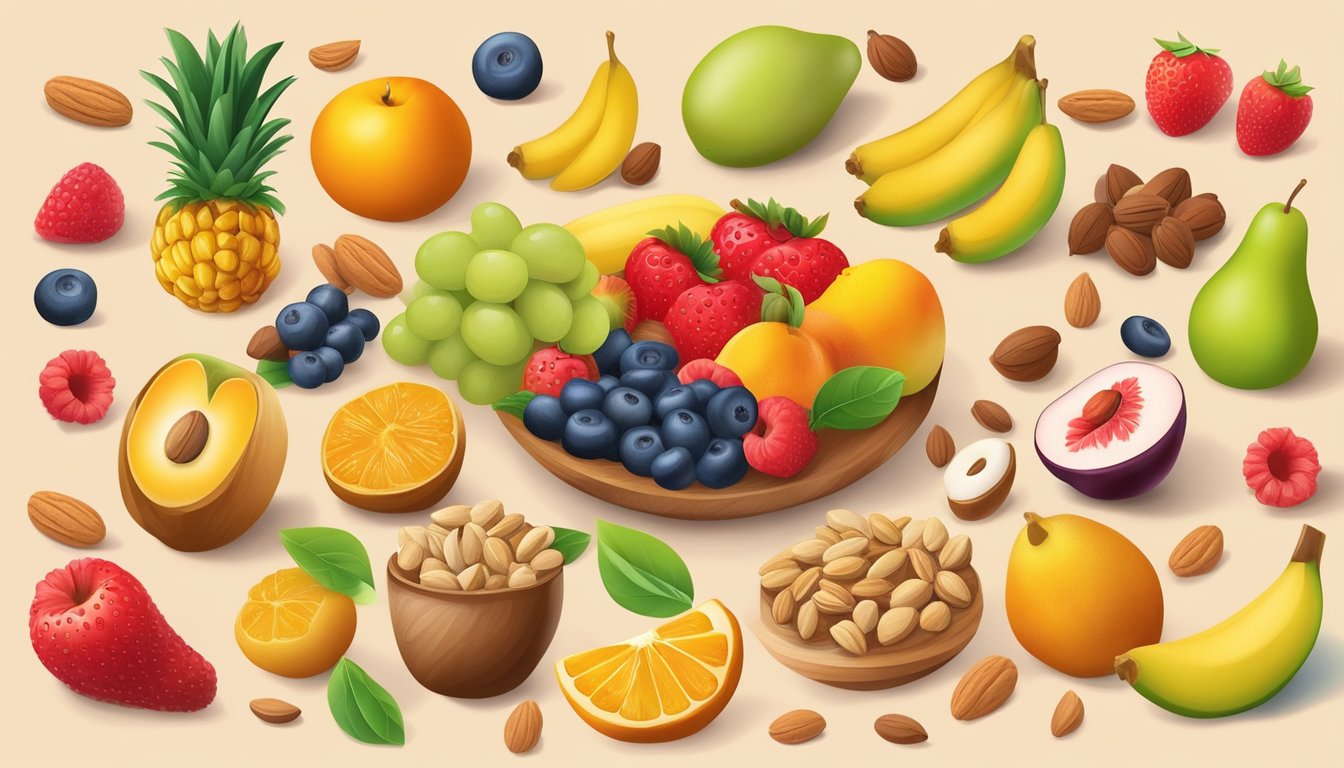 A colorful array of fruits and nuts, with a marzipan figure in the center, surrounded by dietary symbols