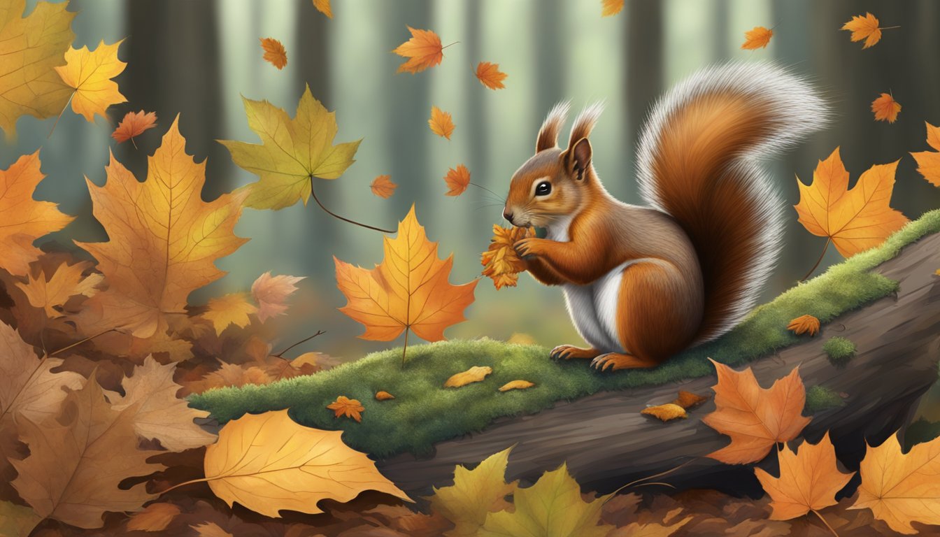 A squirrel nibbles on a fallen maple leaf, surrounded by other leaves on the forest floor