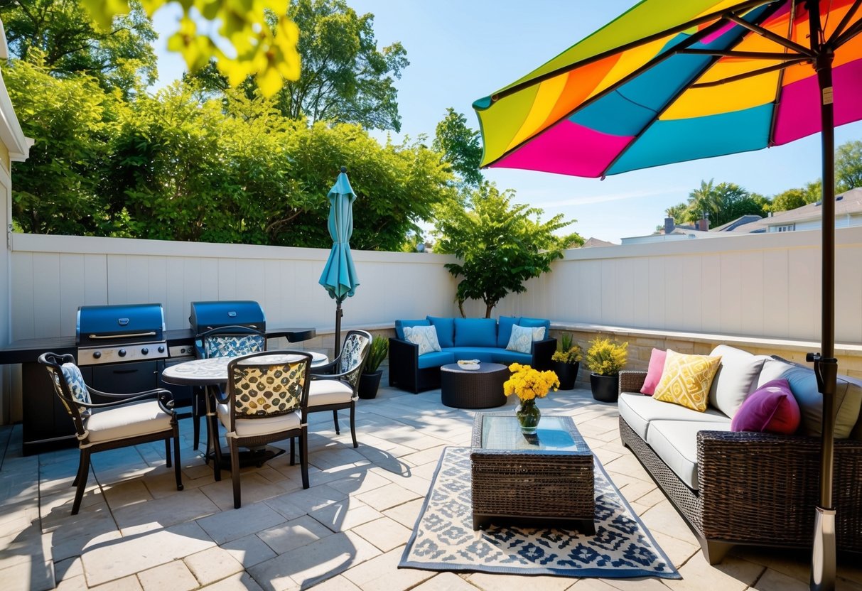 A sunny outdoor patio with a variety of stylish and comfortable furniture, including a table and chairs, a cozy sofa, and a colorful umbrella