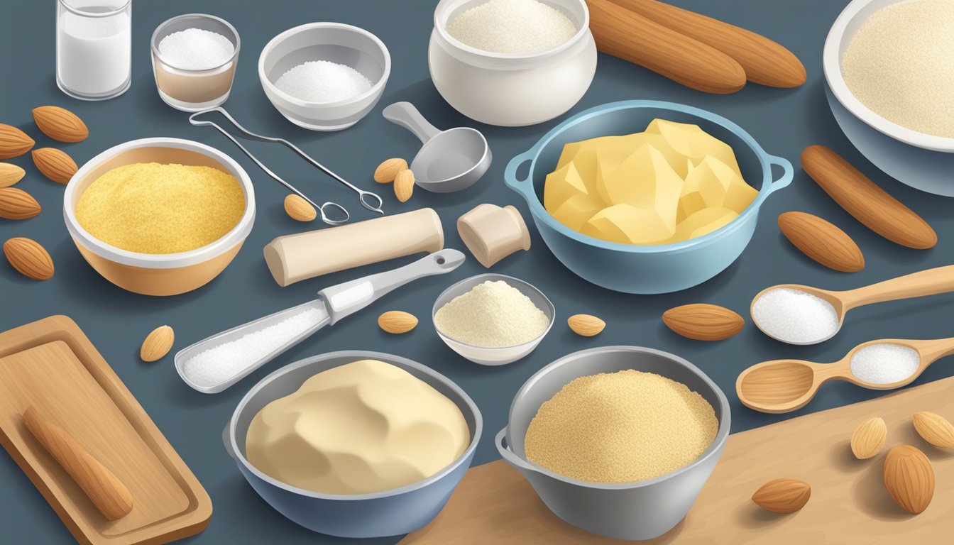 A kitchen counter with ingredients and tools for making marzipan, including almond flour, sugar, and a mixing bowl