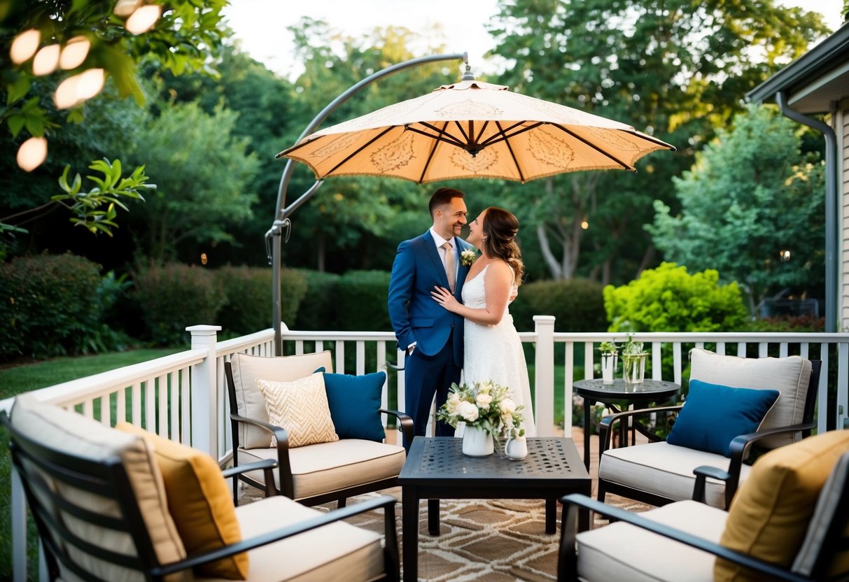 A cozy patio with a table and chairs, adorned with cushions and a decorative umbrella. A couple admires the outdoor furniture, considering adding it to their registry
