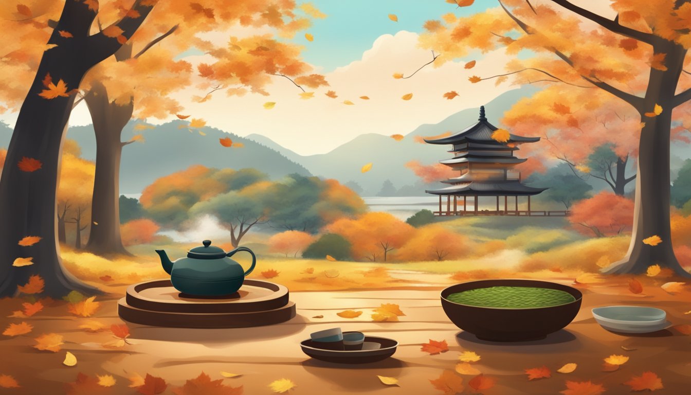 A serene autumn landscape with a traditional Japanese tea ceremony set under a maple tree, surrounded by fallen leaves