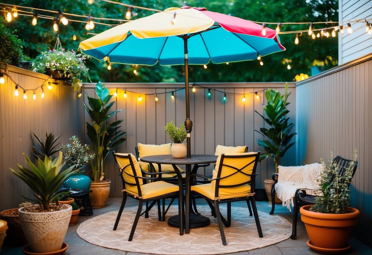 A cozy outdoor patio set with a table, chairs, and a colorful umbrella, surrounded by potted plants and string lights