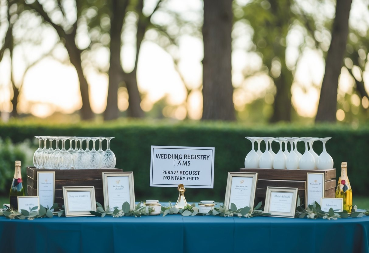 A couple's wedding registry items displayed on a table with a sign indicating the request for monetary gifts
