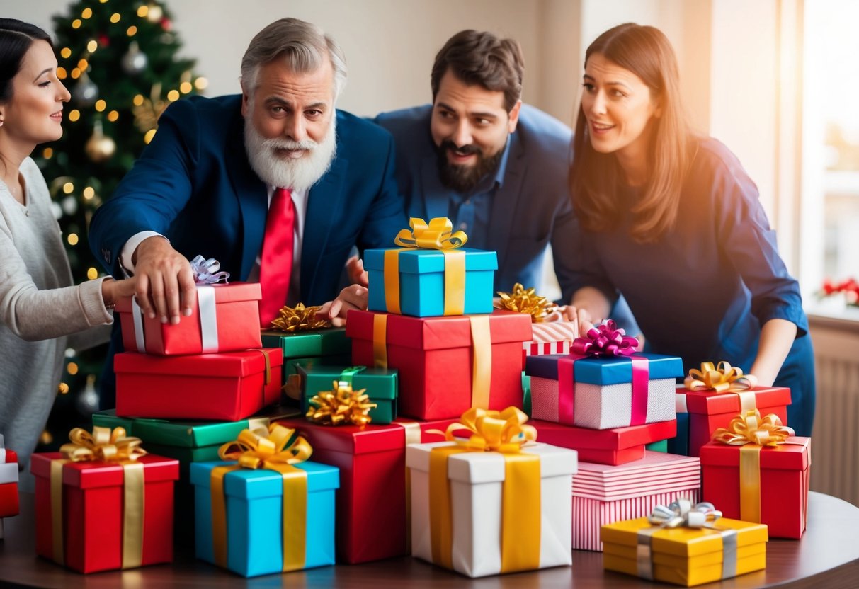 Gifts piled on table, no organization. Confusion and frustration as guests struggle to find suitable presents