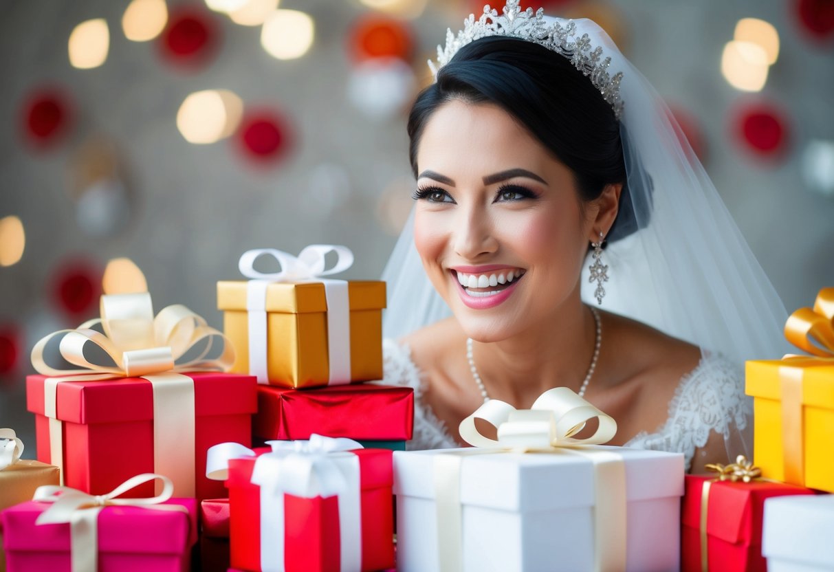 A bride surrounded by gifts, with a joyful expression on her face