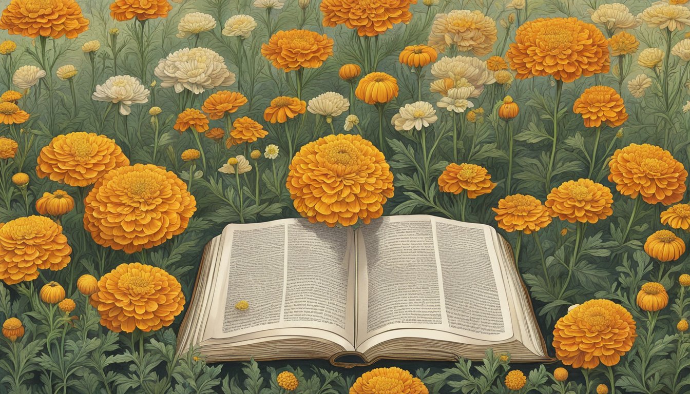 A lush garden filled with vibrant marigold flowers, surrounded by historical texts and scientific research on the safety and health considerations of consuming marigolds