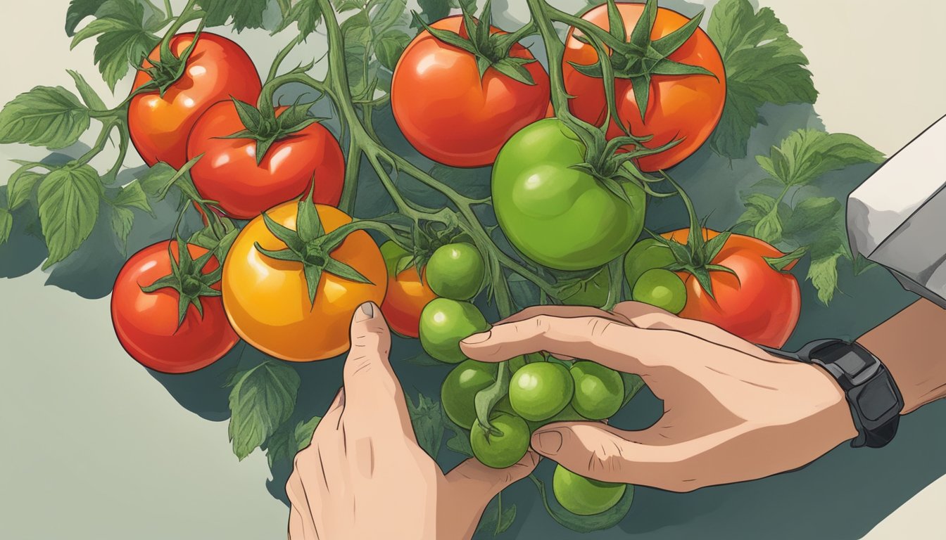 A hand reaching for a cluster of tomatoes, some green and unripe, others red and ripe, with a knife nearby for testing