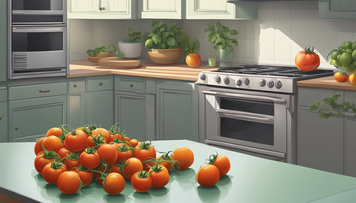 A pile of unripe tomatoes on a kitchen counter, with a question mark hovering above them