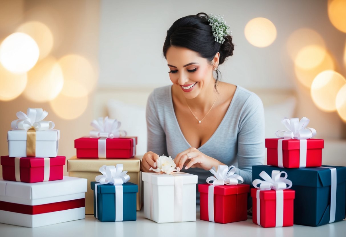 A bride-to-be surrounded by gifts, smiling as she carefully selects the perfect present