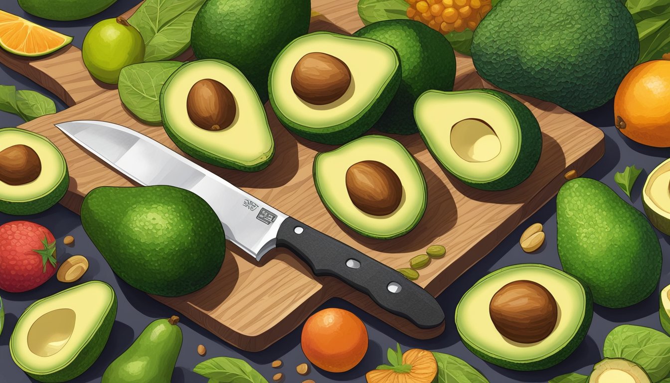 A pile of unripe avocados on a wooden cutting board, surrounded by various fruits and vegetables. A knife is positioned nearby, ready to slice into the avocados