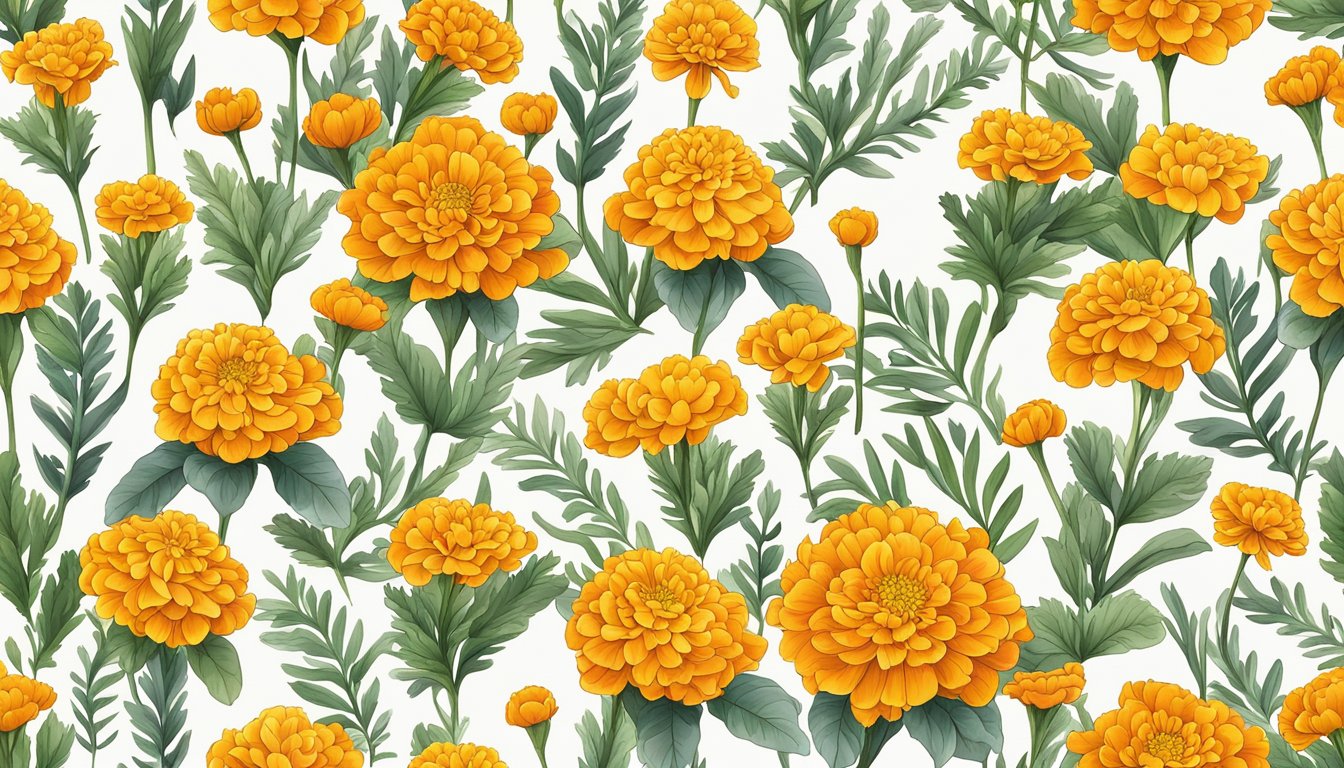 A colorful array of marigold flowers arranged on a white background, with a variety of leaves and stems surrounding them