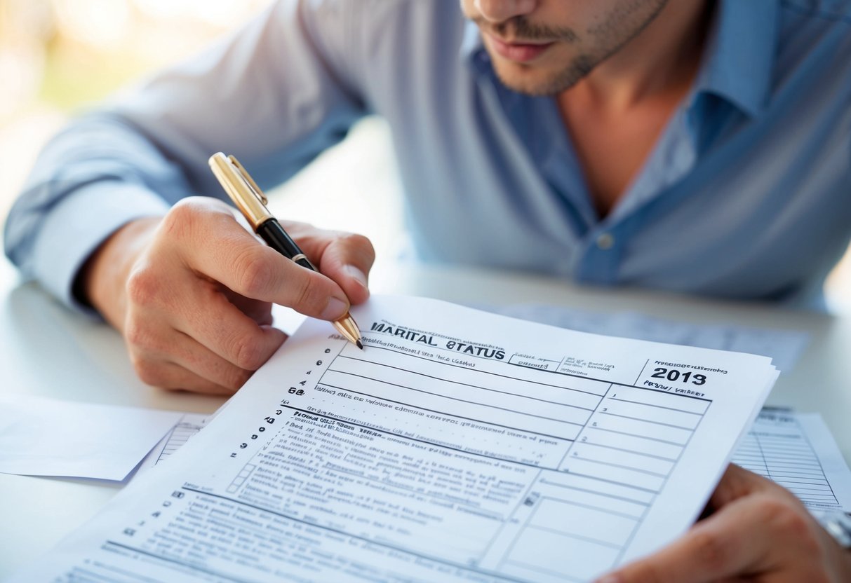 A person filling out a tax form with a marital status section highlighted