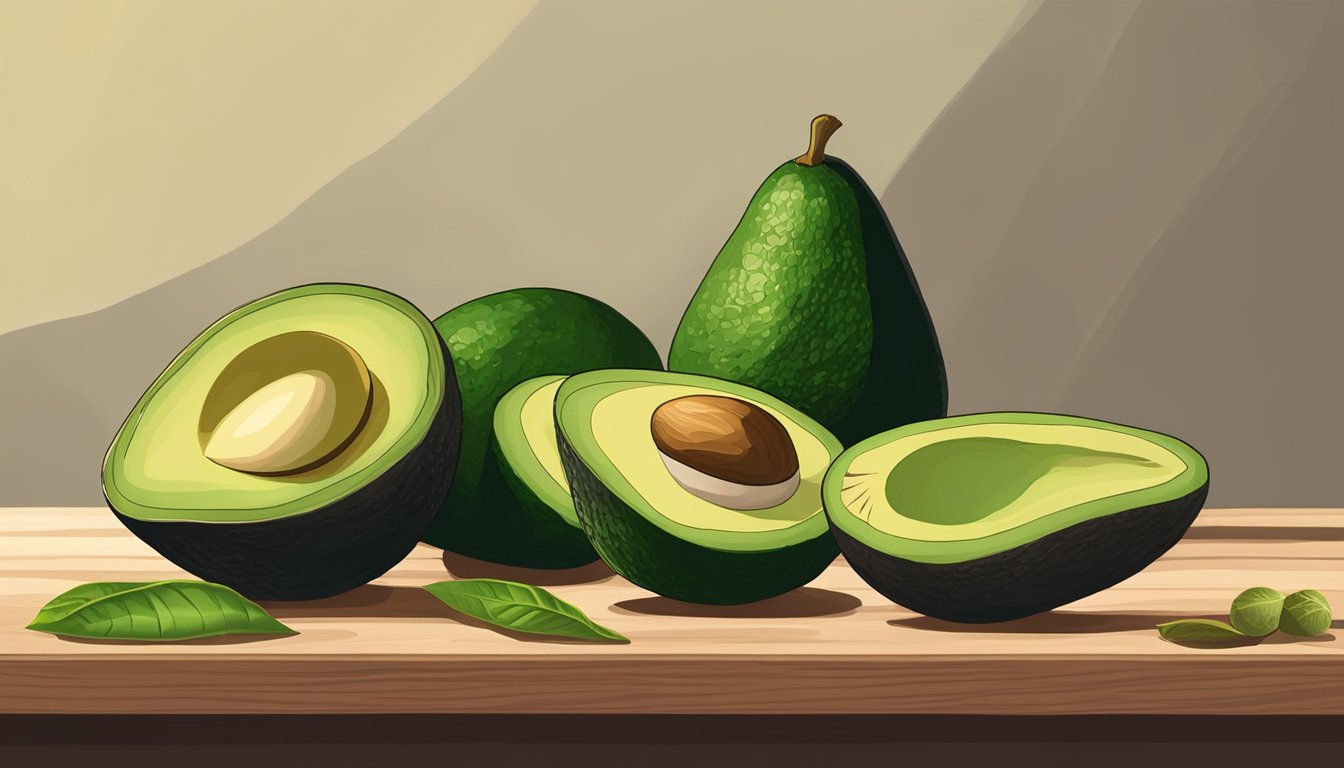 A pile of unripe avocados, some still green and hard, others starting to darken, sit on a wooden cutting board next to a knife