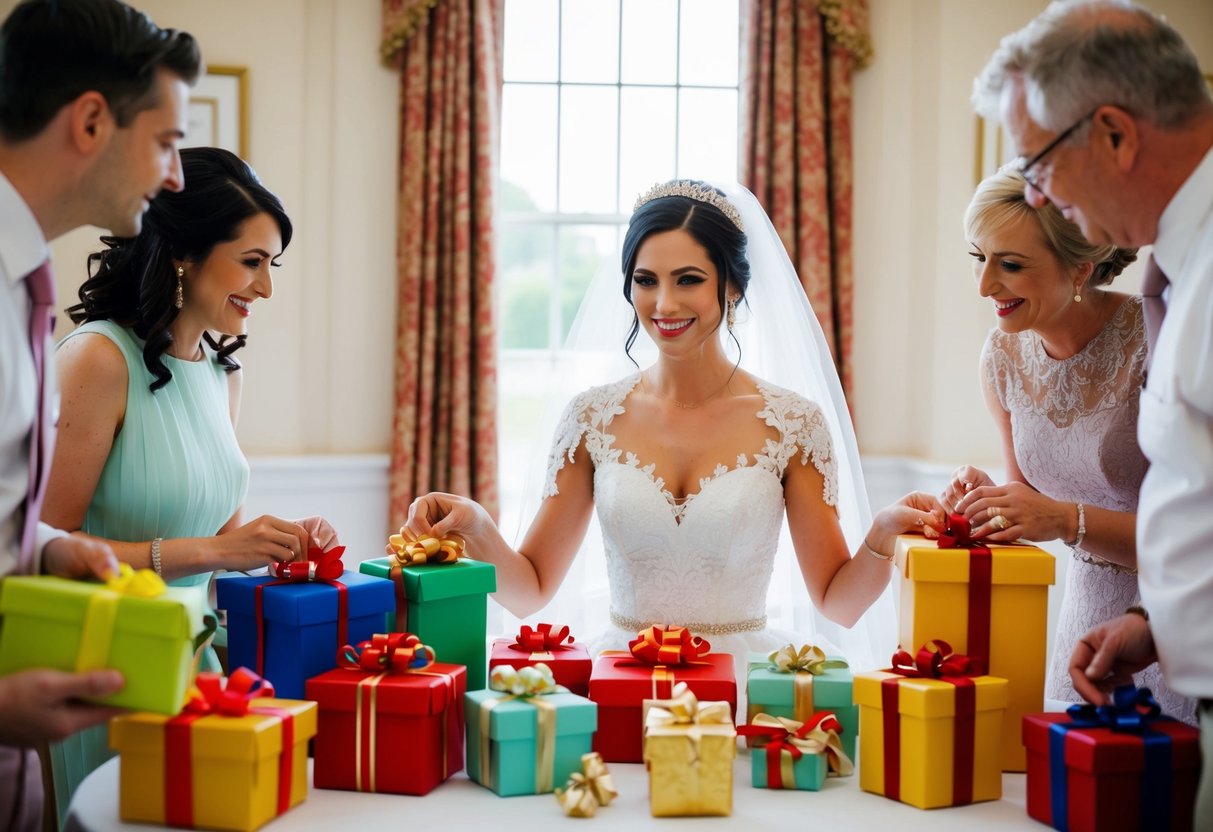 A bride sits at a table surrounded by gifts from loved ones, symbolizing the tradition of buying her a present