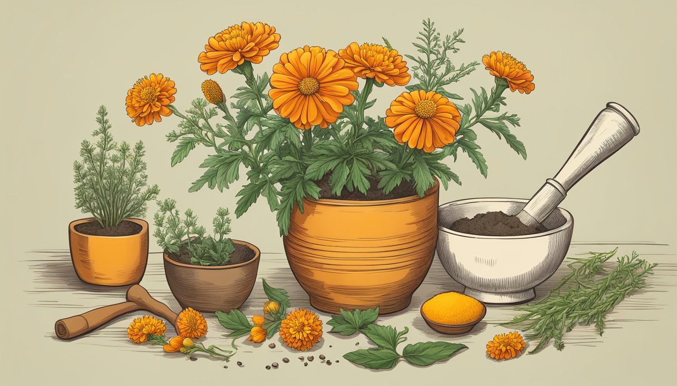 A vibrant marigold flower surrounded by various herbs and plants, with a mortar and pestle nearby for medicinal preparation