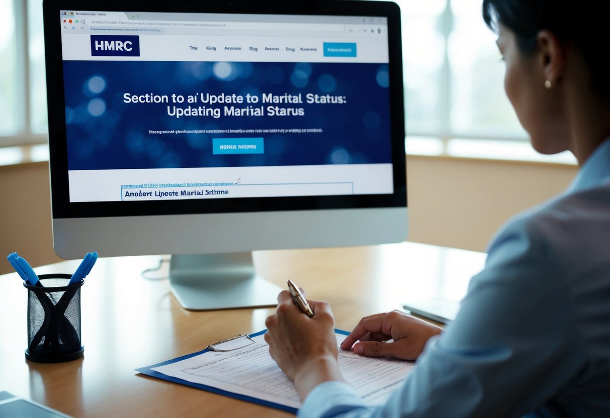 A person sitting at a desk, filling out a form with a pen, while a computer screen displays the HMRC website with a section about updating marital status
