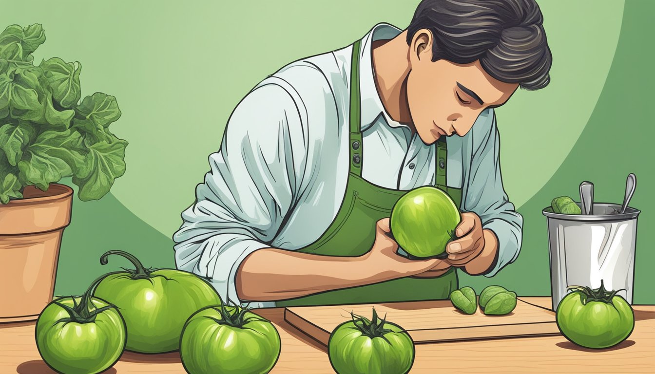 A person cutting into a green tomato to examine its texture and color