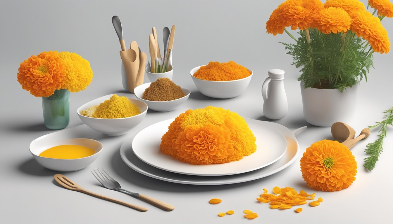 A colorful array of marigold flowers arranged on a clean, white plate, with a variety of culinary utensils and a nutrition label in the background