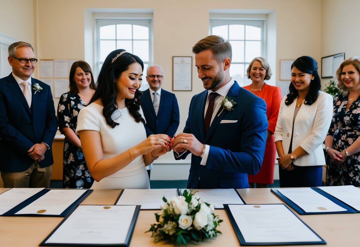 A couple exchanging rings in a simple registry office, surrounded by official documents and a small group of witnesses